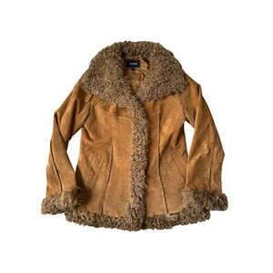 Vintage Express Leather Jacket Lamb Fur Trim Size Large Y2K 90s Penny Lane Boho